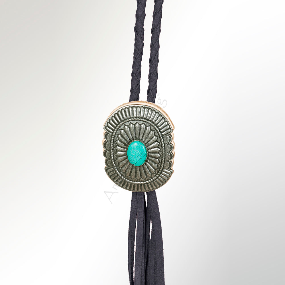 LC-ADJW107B Antique Black Western Jewelry Necklace with Oval Turquoise Stone & Braided Leather Cord