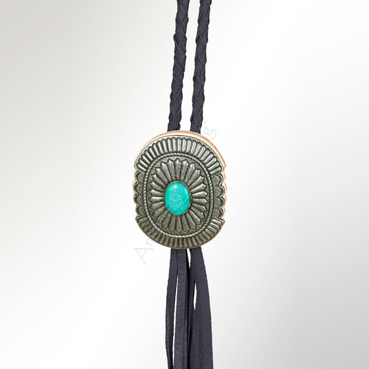 LC-ADJW107B Antique Black Western Jewelry Necklace with Oval Turquoise Stone & Braided Leather Cord