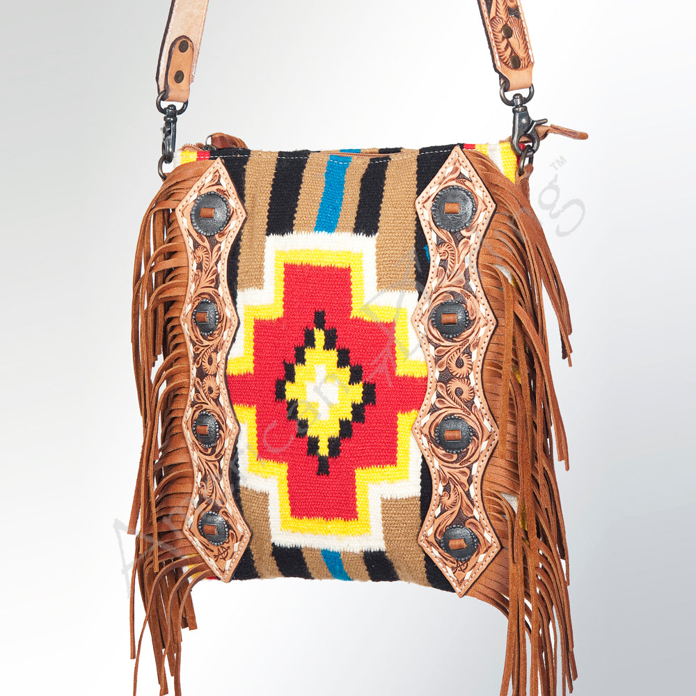 ADBG672 Southwestern Rug & Tooled Leather Crossbody Bag - Western Fringe Purse with Conchos