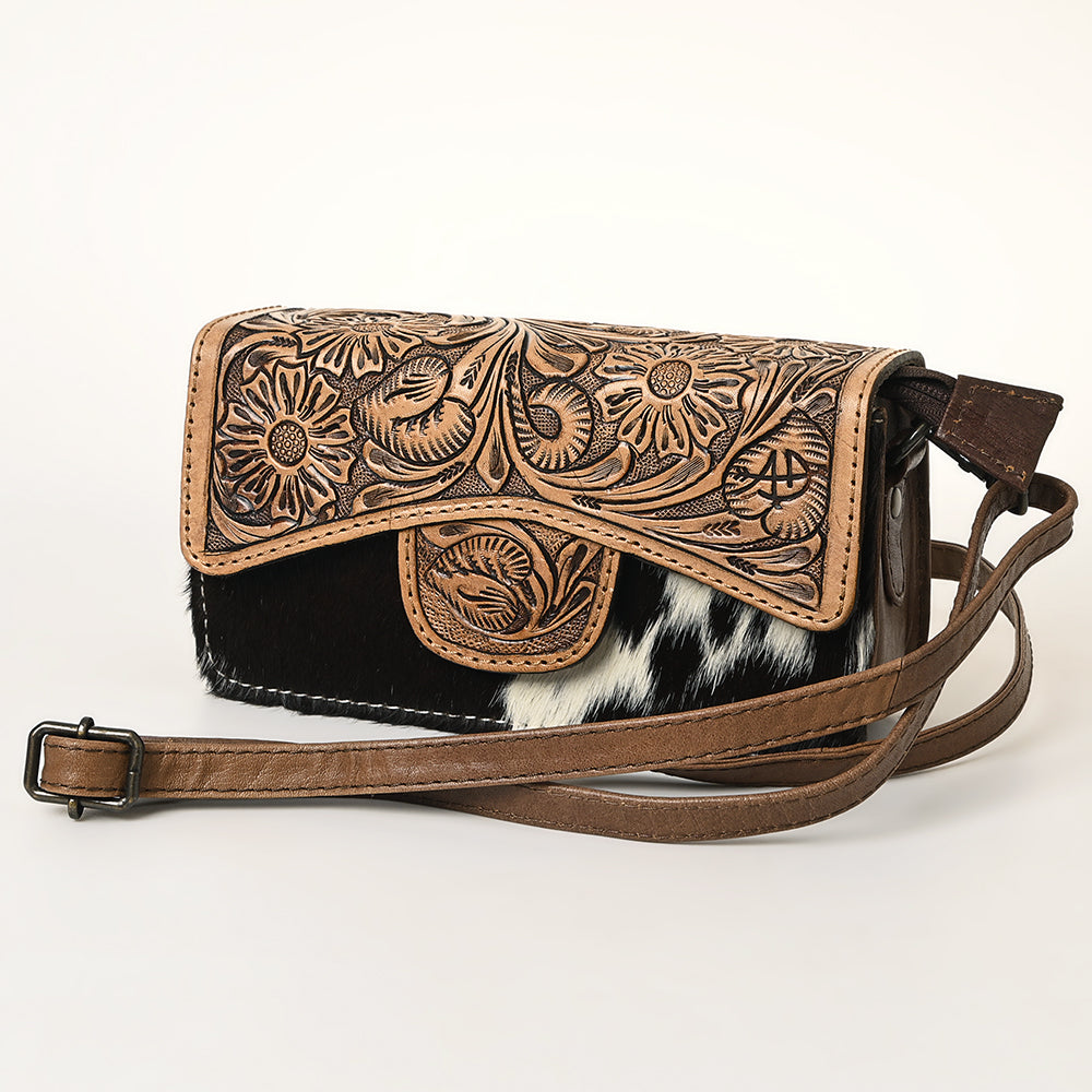 ADBG681A Hand-Tooled Western Leather Hair-On Hide Wallet Crossbody Bag American Darling