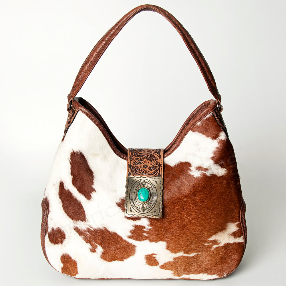 ADBG687 Hair-On Cowhide Hobo Bag with Tooled Leather Strap & Turquoise Concho Accent