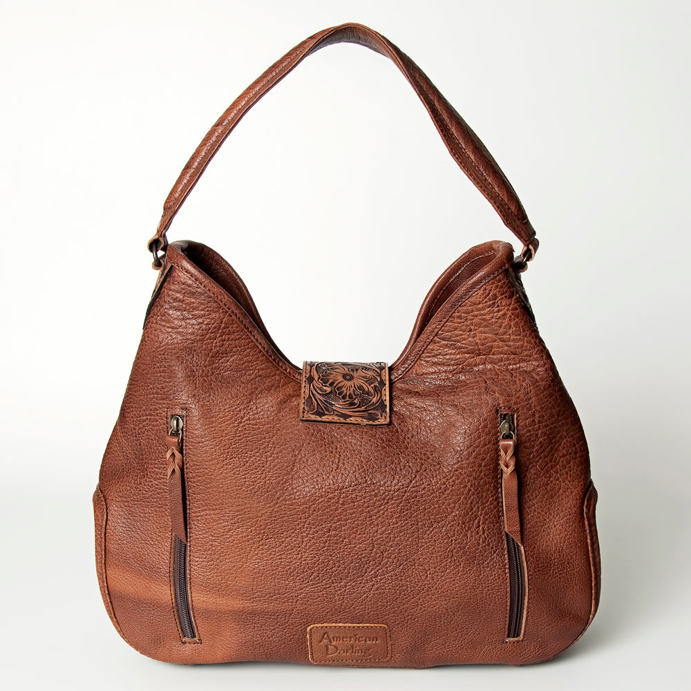 ADBG687 Hair-On Cowhide Hobo Bag with Tooled Leather Strap & Turquoise Concho Accent