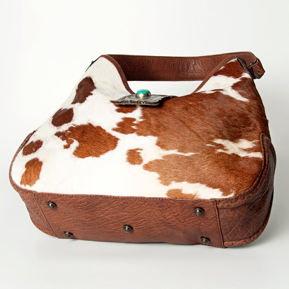 ADBG687 Hair-On Cowhide Hobo Bag with Tooled Leather Strap & Turquoise Concho Accent