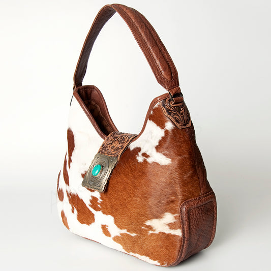 ADBG687 Hair-On Cowhide Hobo Bag with Tooled Leather Strap & Turquoise Concho Accent