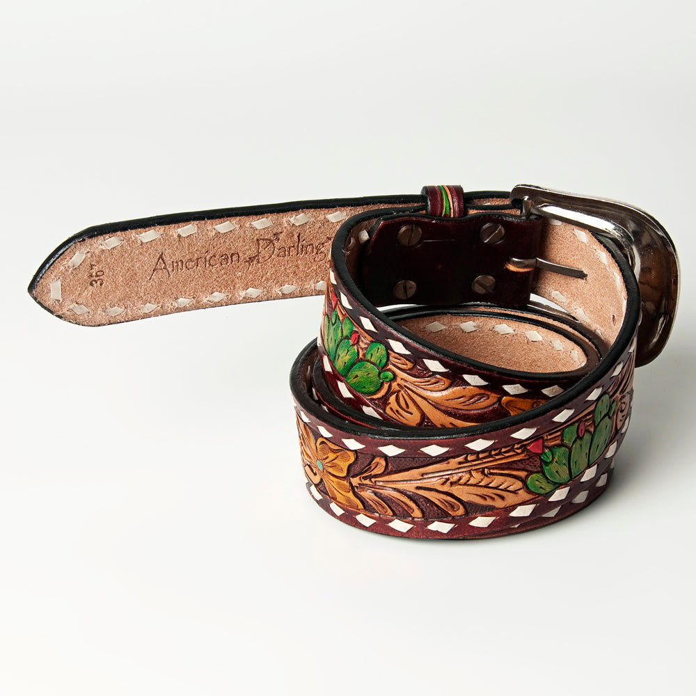 LC-ADBLF112 Hand-Tooled Leather Western Belt - Cactus & Floral Design with White Diamond Border