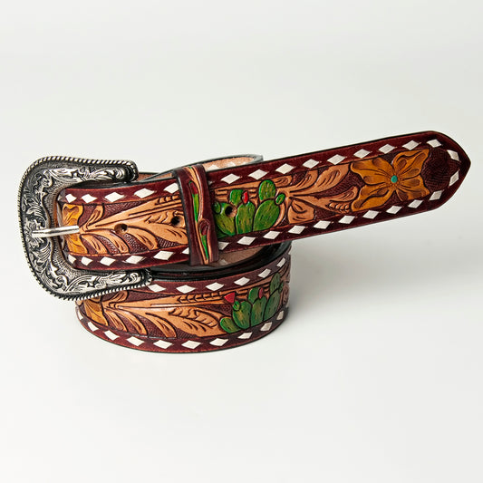 LC-ADBLF112 Hand-Tooled Leather Western Belt - Cactus & Floral Design with White Diamond Border