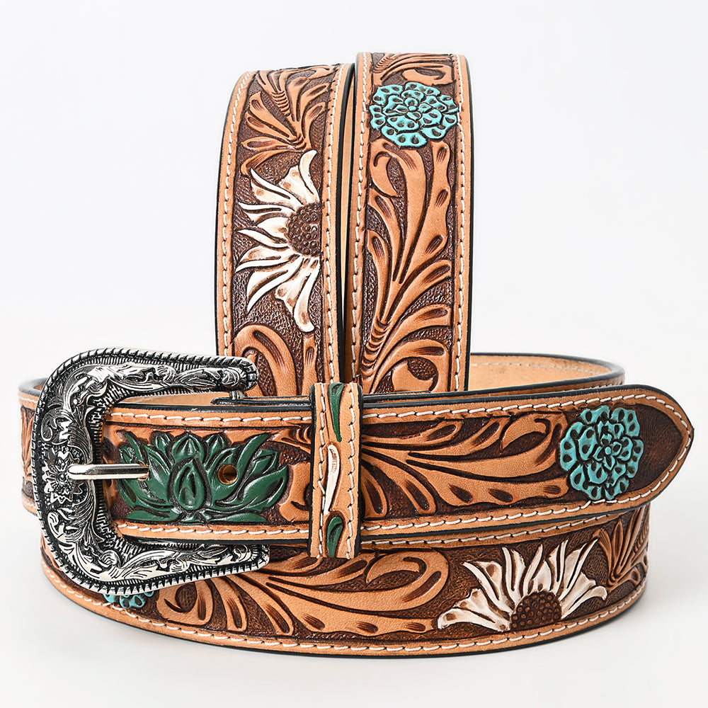 LC-ADBLF114 Hand-Tooled Leather Belt - Floral Carving with Sunflower & Turquoise Accents