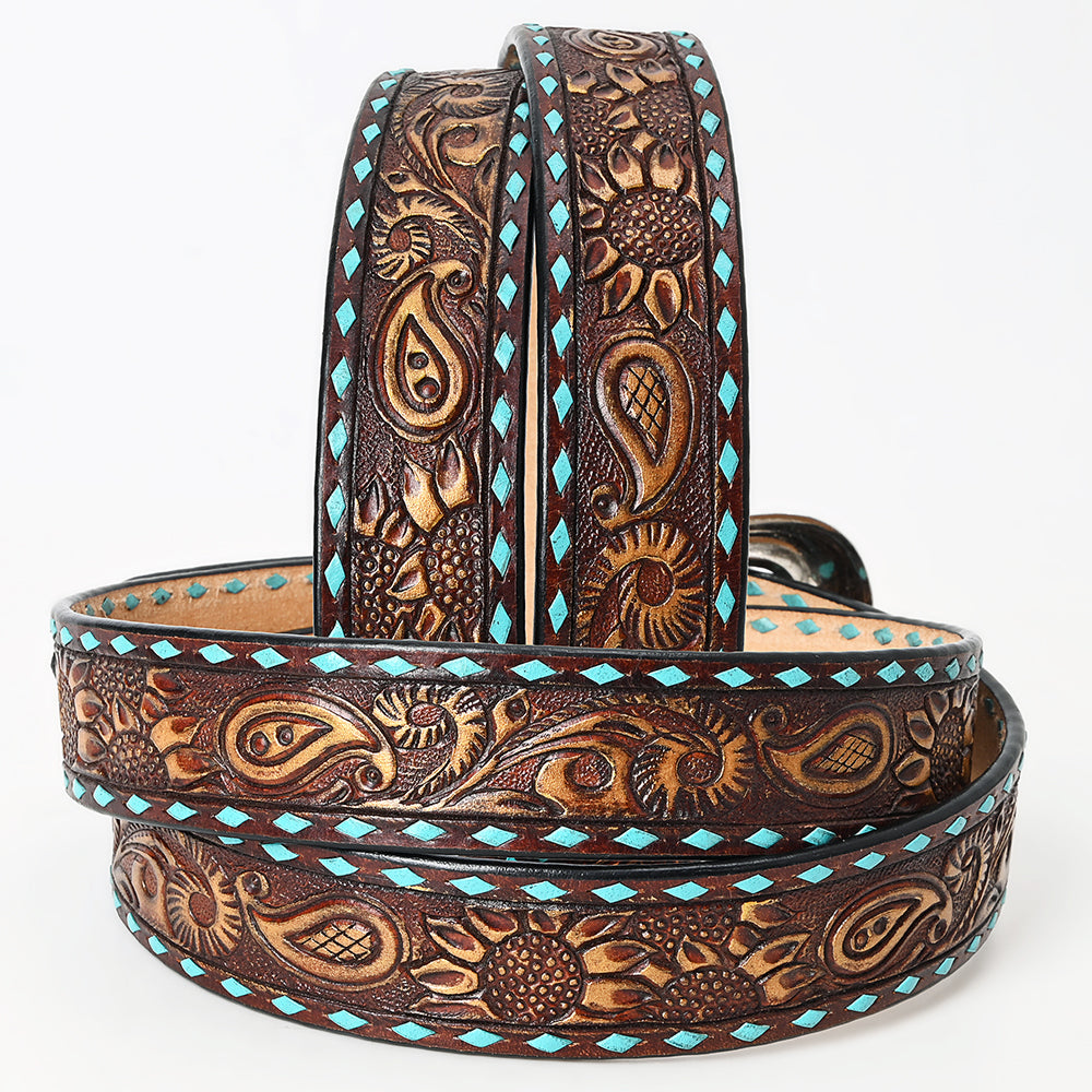 LC-ADBLF115 Hand-Tooled Leather Belt - Paisley & Sunflower Motif with Turquoise Diamond Border