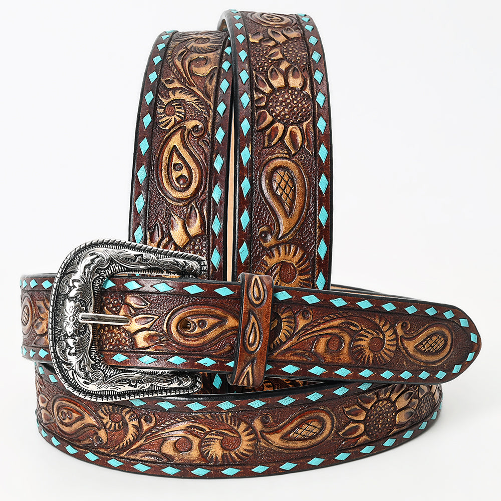LC-ADBLF115 Hand-Tooled Leather Belt - Paisley & Sunflower Motif with Turquoise Diamond Border