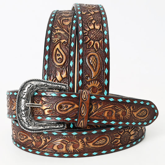 LC-ADBLF115 Hand-Tooled Leather Belt - Paisley & Sunflower Motif with Turquoise Diamond Border