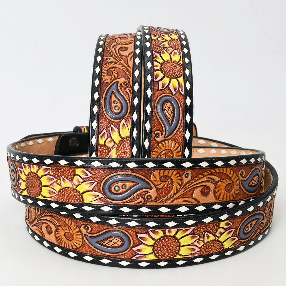 LC-ADBLF116 Hand-Tooled Leather Belt - Sunflower & Paisley Design with White Diamond Edge
