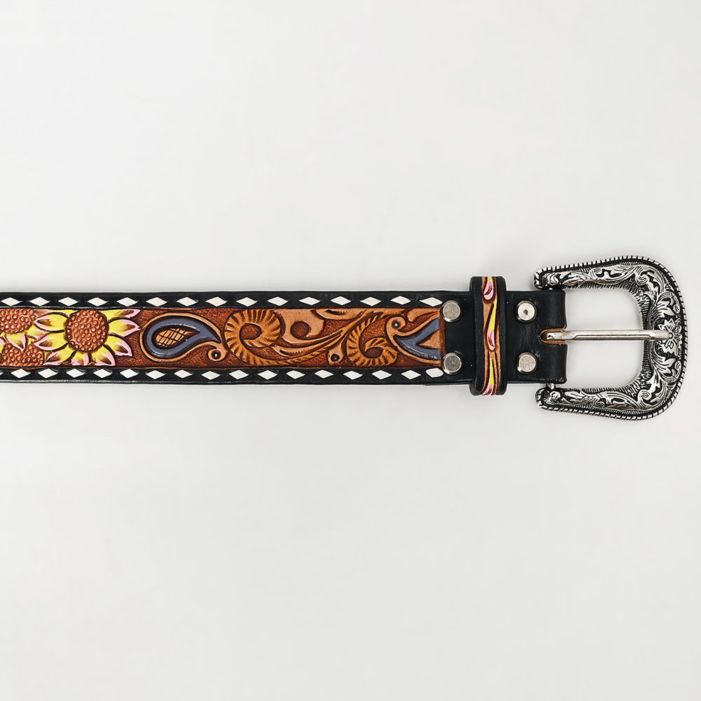 LC-ADBLF116 Hand-Tooled Leather Belt - Sunflower & Paisley Design with White Diamond Edge