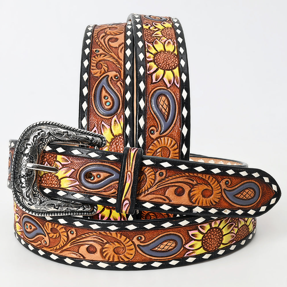 LC-ADBLF116 Hand-Tooled Leather Belt - Sunflower & Paisley Design with White Diamond Edge