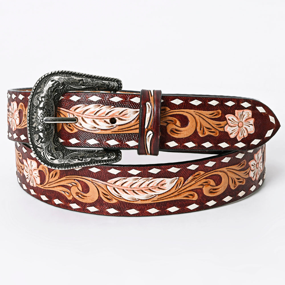 LC-ADBLF119 Tooled Leather Belt - Maroon Floral Scroll with Feather Accent & White Diamond Border