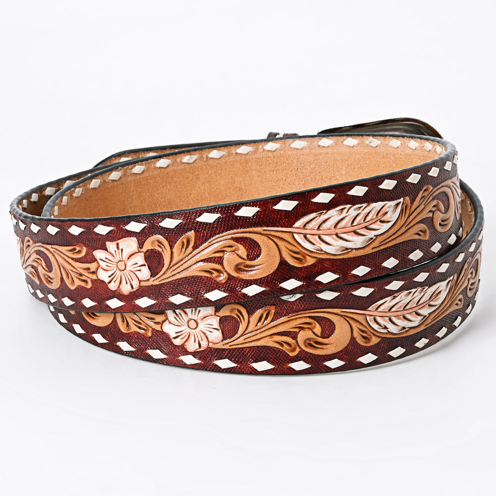 LC-ADBLF119 Tooled Leather Belt - Maroon Floral Scroll with Feather Accent & White Diamond Border