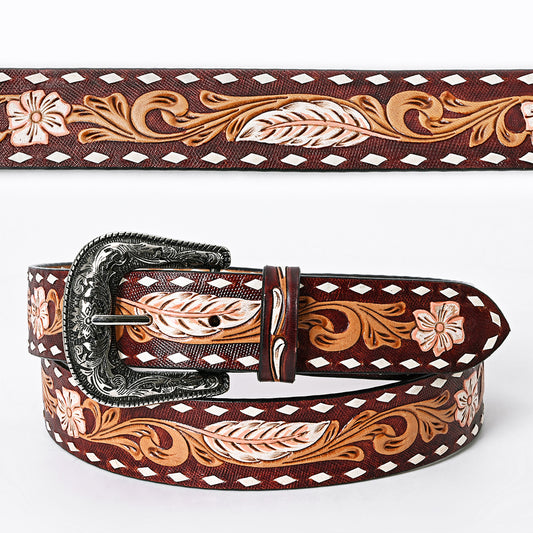 LC-ADBLF119 Tooled Leather Belt - Maroon Floral Scroll with Feather Accent & White Diamond Border
