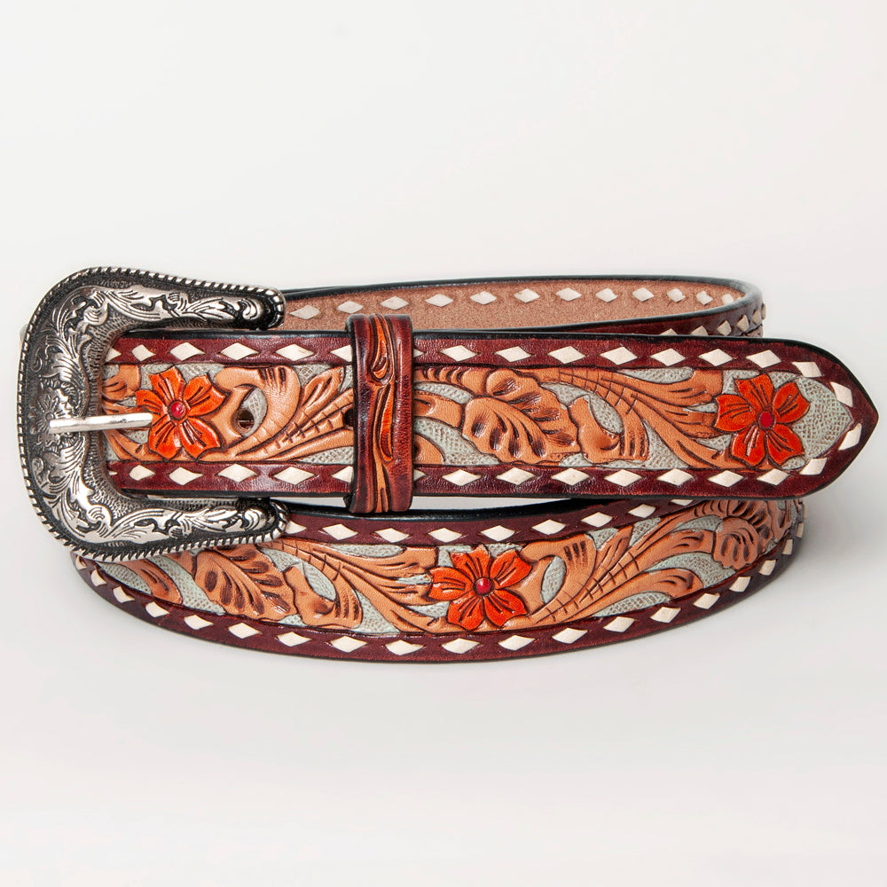 LC-ADBLF120 Tooled Leather Belt - Red Floral with Tan Scrolls and Diamond Border