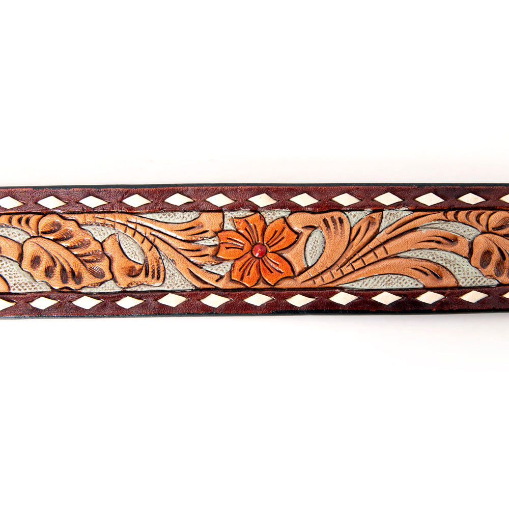 LC-ADBLF120 Tooled Leather Belt - Red Floral with Tan Scrolls and Diamond Border