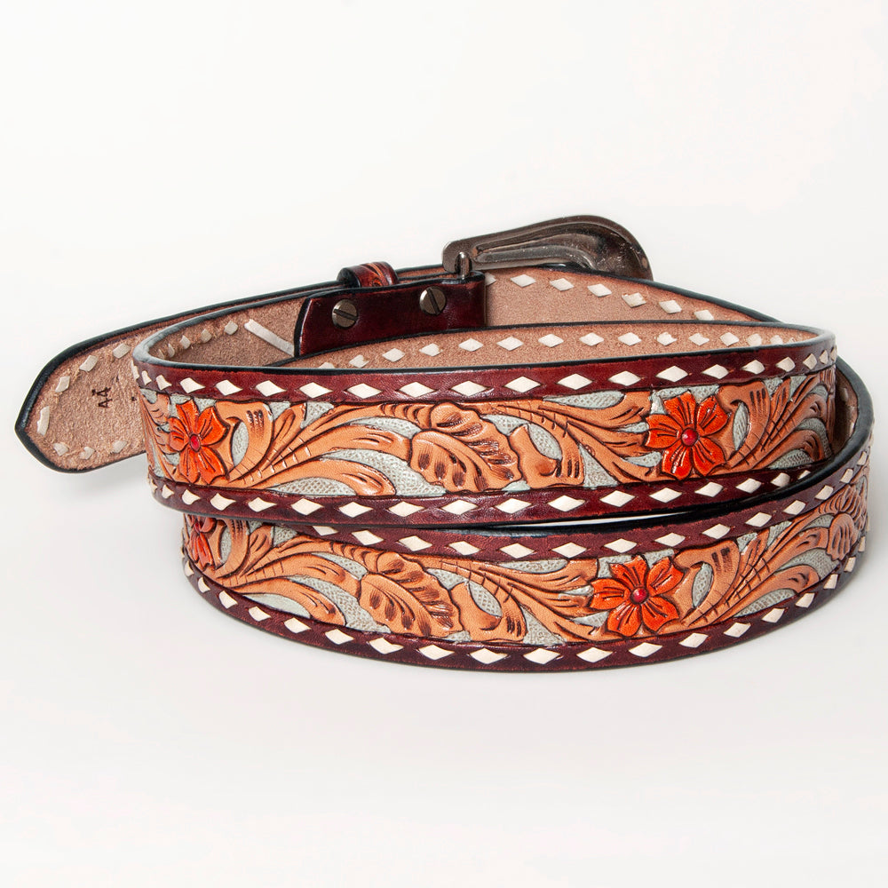 LC-ADBLF120 Tooled Leather Belt - Red Floral with Tan Scrolls and Diamond Border