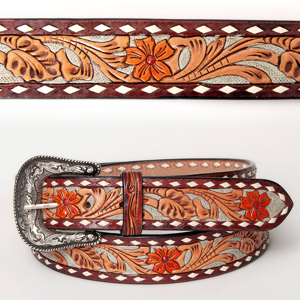 LC-ADBLF120 Tooled Leather Belt - Red Floral with Tan Scrolls and Diamond Border