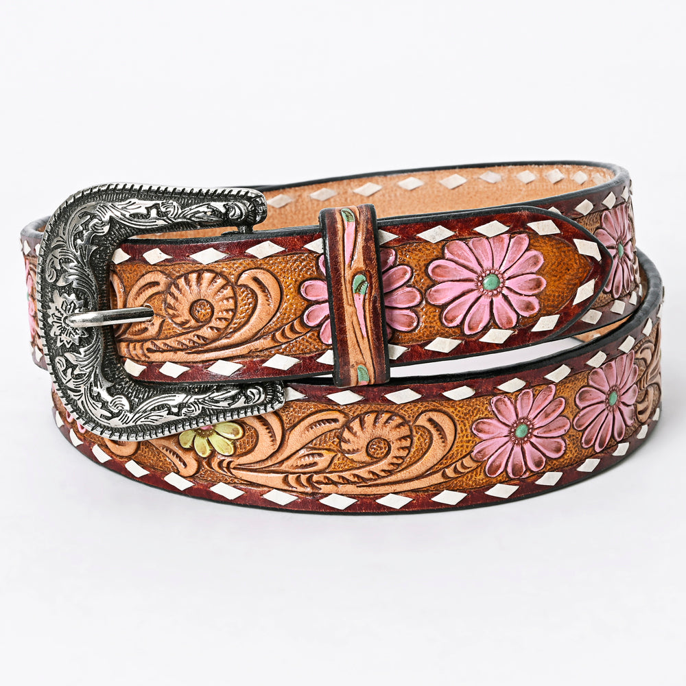 LC-ADBLF121 Tooled Leather Belt - Pink & Yellow Daisies with White Diamond Trim