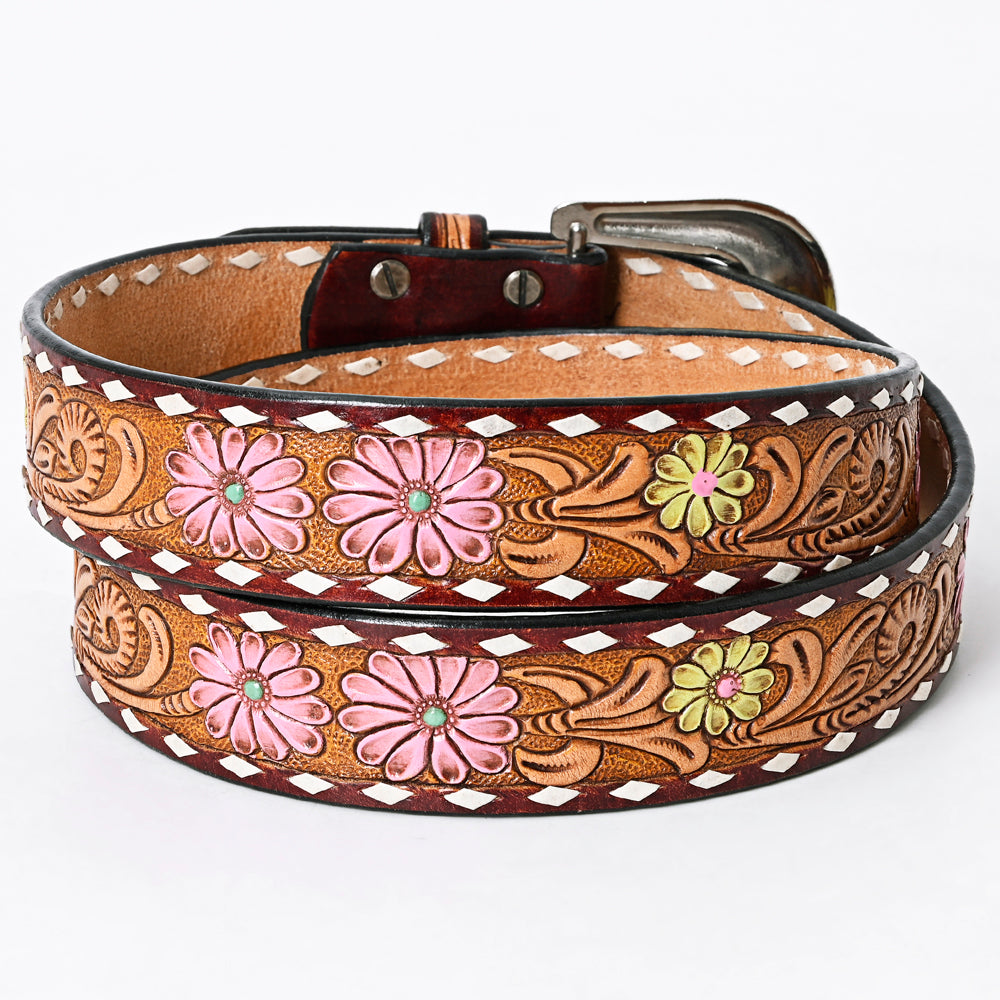 LC-ADBLF121 Tooled Leather Belt - Pink & Yellow Daisies with White Diamond Trim