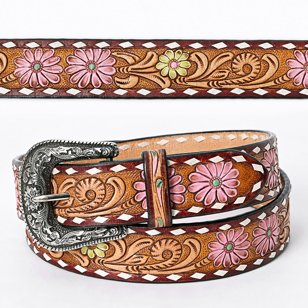 LC-ADBLF121 Tooled Leather Belt - Pink & Yellow Daisies with White Diamond Trim