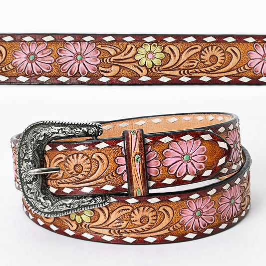 LC-ADBLF121 Tooled Leather Belt - Pink & Yellow Daisies with White Diamond Trim