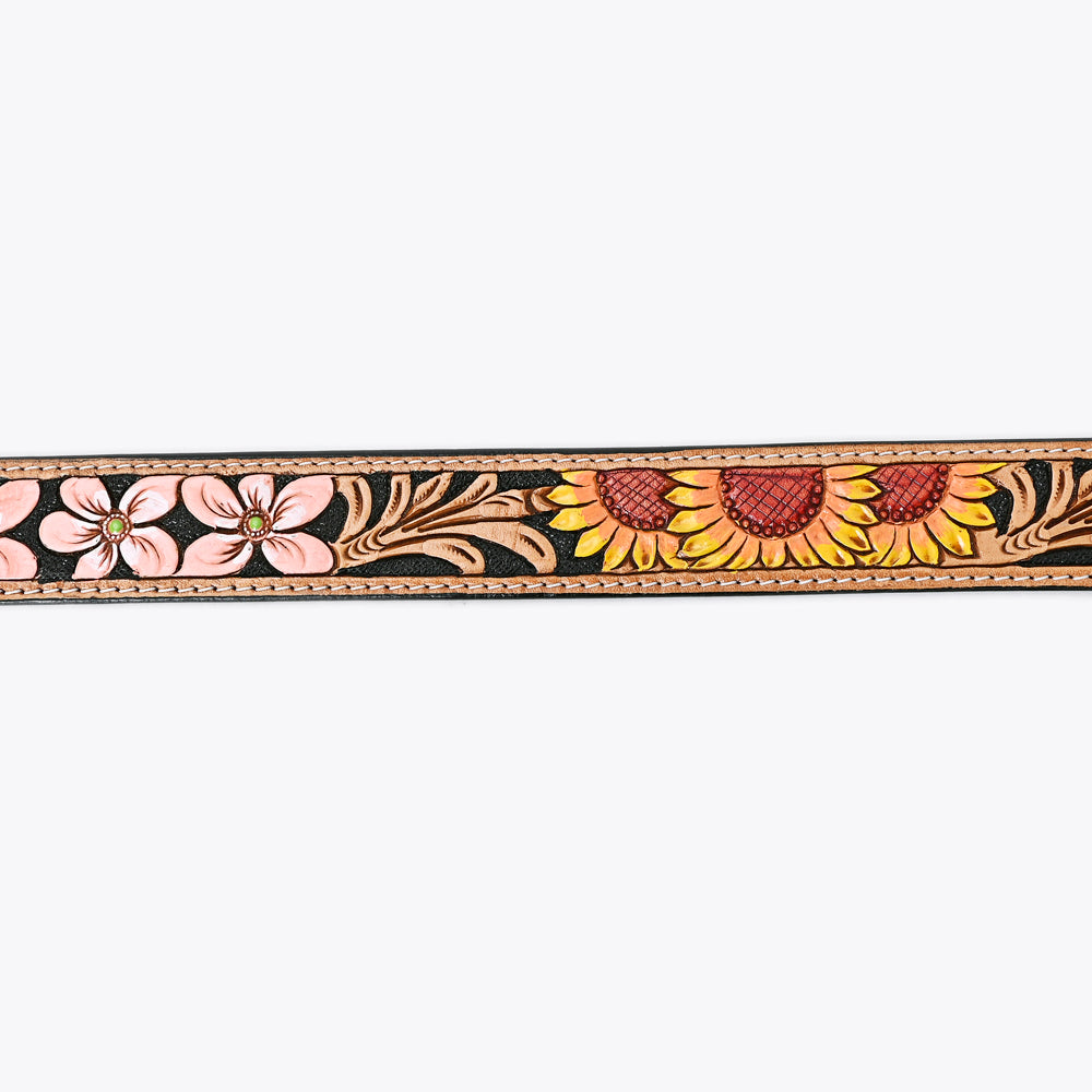 LC-ADBLF124 Tooled Leather Belt - Pink Flowers & Sunflower Motif on Black Base
