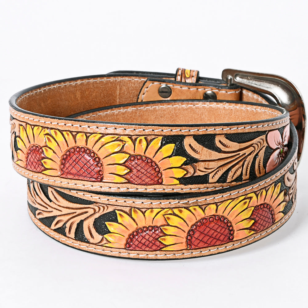 LC-ADBLF124 Tooled Leather Belt - Pink Flowers & Sunflower Motif on Black Base
