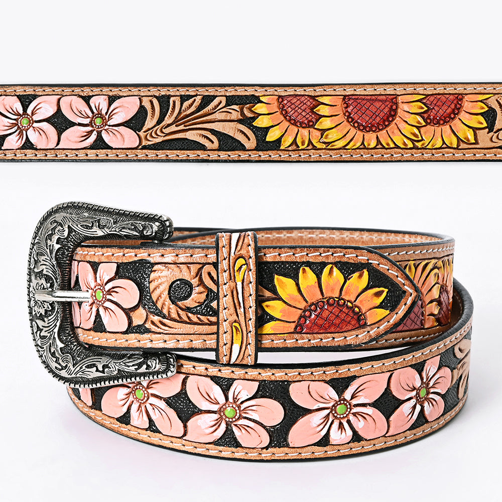 LC-ADBLF124 Tooled Leather Belt - Pink Flowers & Sunflower Motif on Black Base
