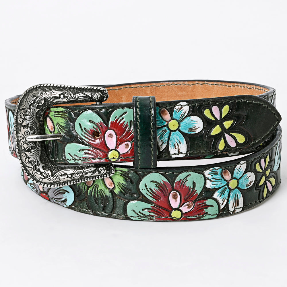 LC-ADBLF125 Tooled Leather Belt - Colorful Floral & Heart Design on Dark Green Base