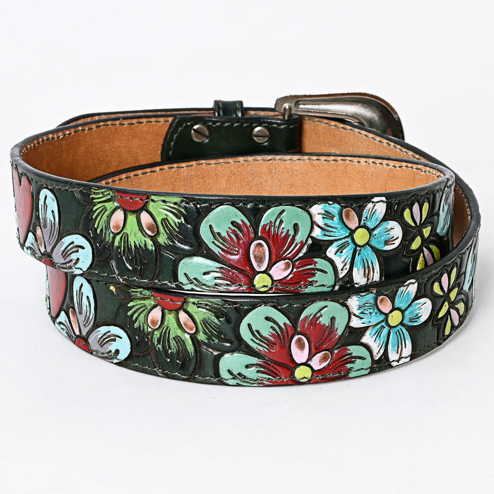LC-ADBLF125 Tooled Leather Belt - Colorful Floral & Heart Design on Dark Green Base