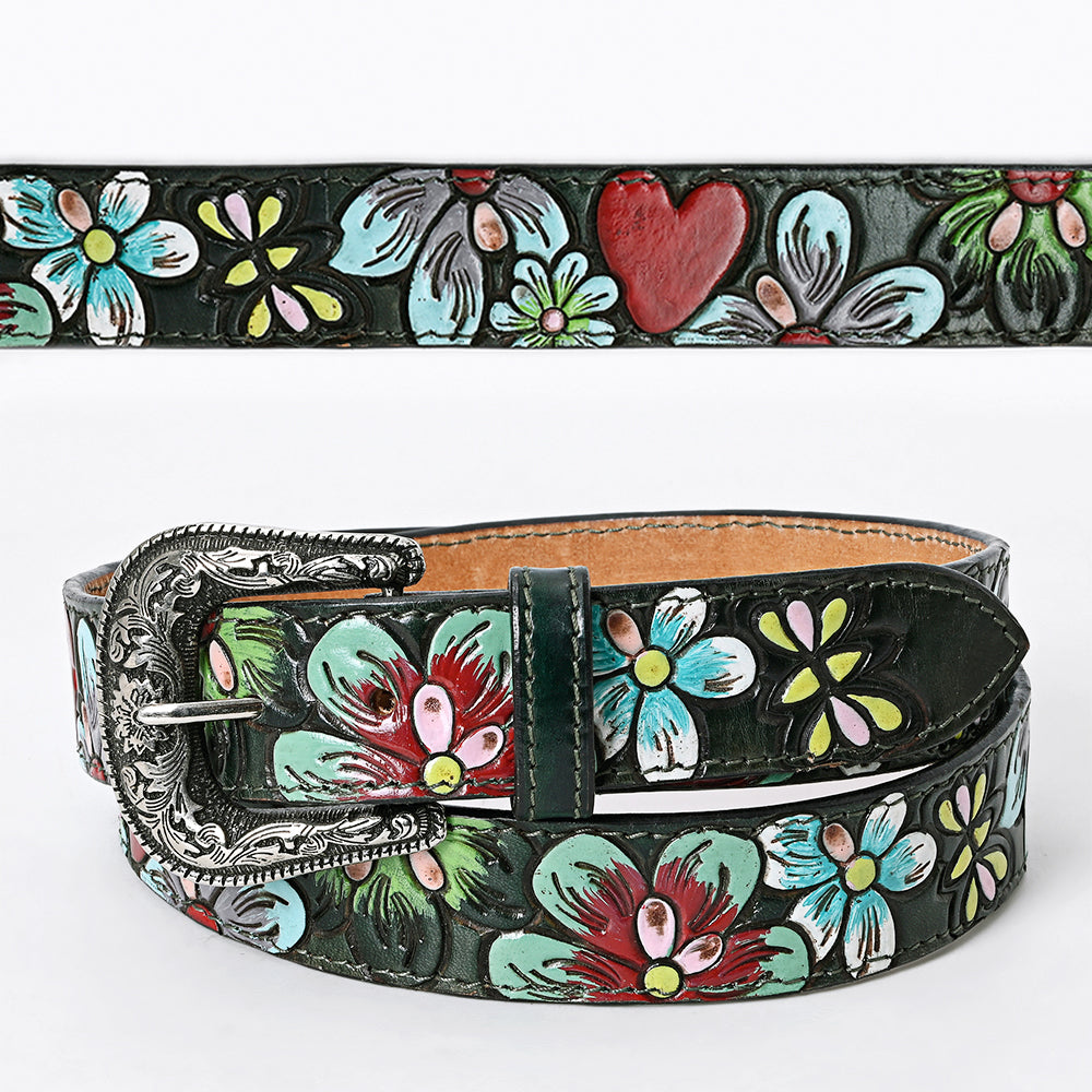 LC-ADBLF125 Tooled Leather Belt - Colorful Floral & Heart Design on Dark Green Base