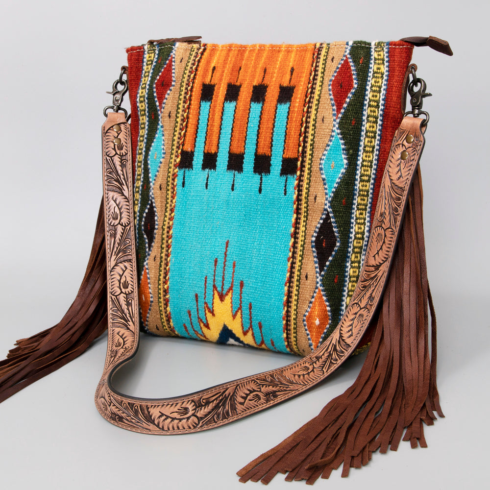 ADBG510 Tooled Leather & Saddle Blanket Crossbody Bag Western Fringe Purse - American Darling