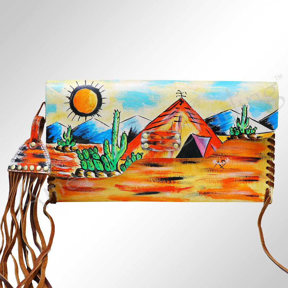 ADBGM136 Cowgirl Hand-Painted Leather Clutch - Western Art with Fringe and Stud Detail