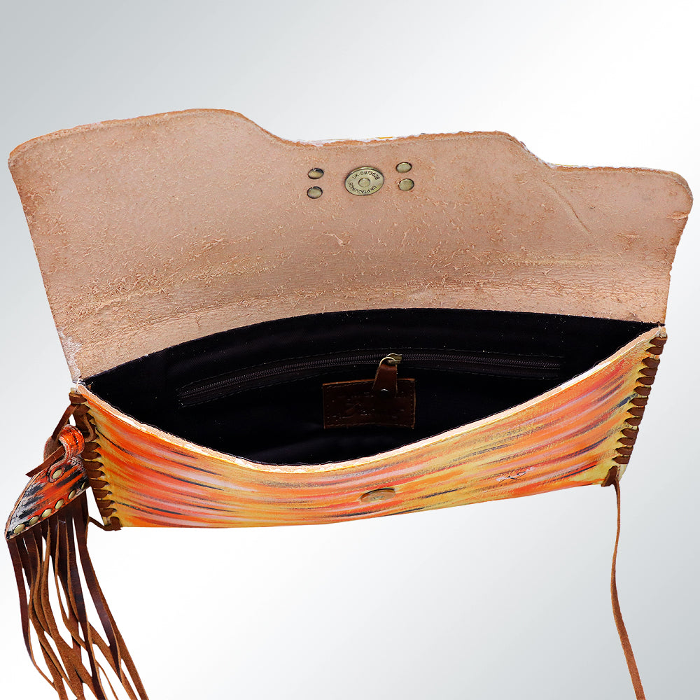 ADBGM136 Cowgirl Hand-Painted Leather Clutch - Western Art with Fringe and Stud Detail