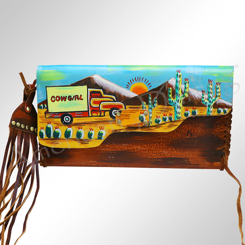 ADBGM136 Cowgirl Hand-Painted Leather Clutch - Western Art with Fringe and Stud Detail