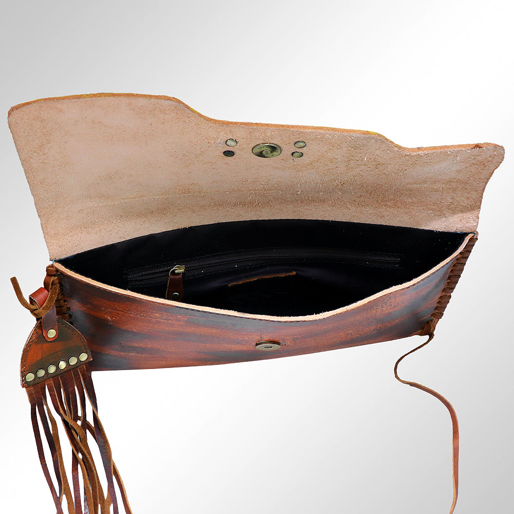 ADBGM136 Cowgirl Hand-Painted Leather Clutch - Western Art with Fringe and Stud Detail