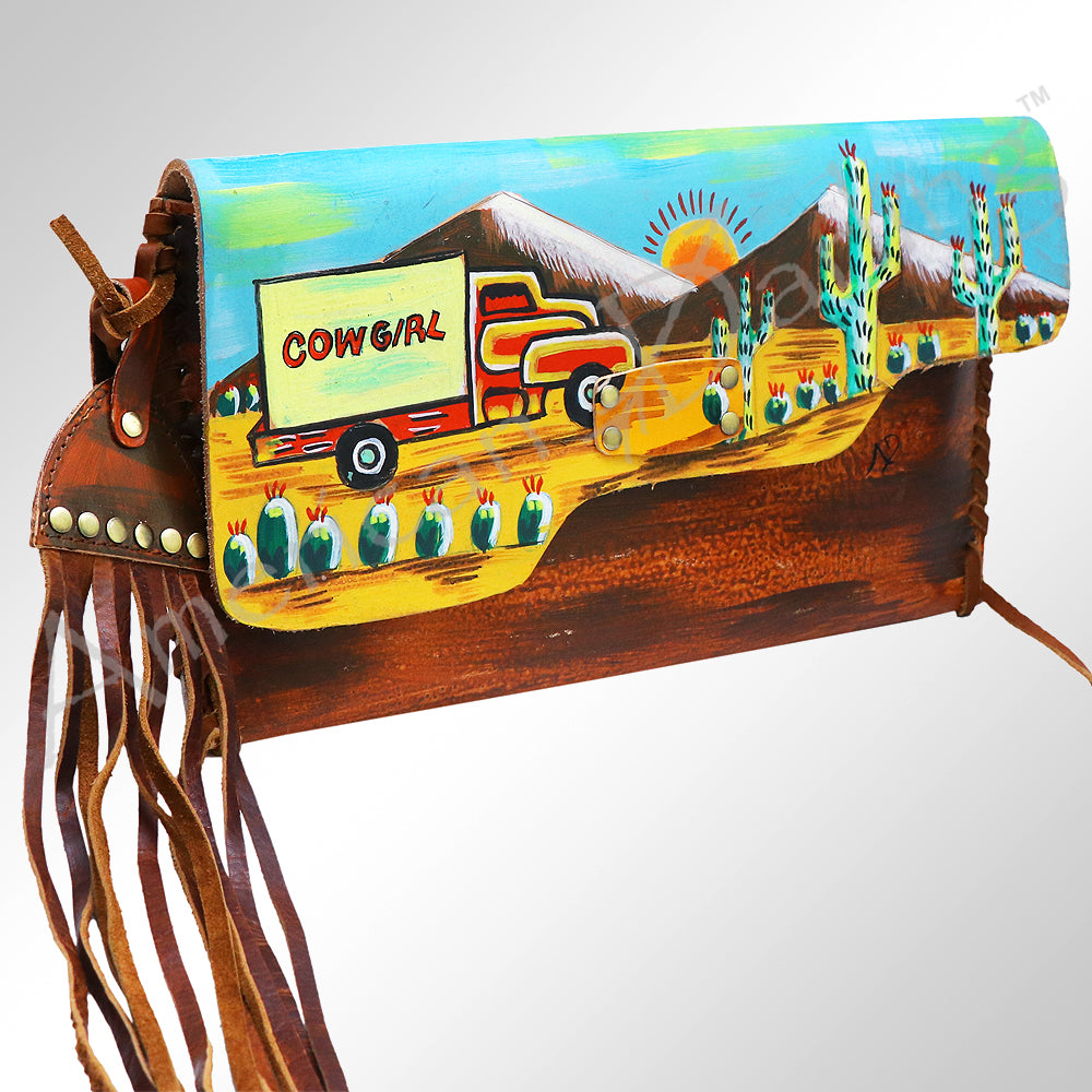 ADBGM136 Cowgirl Hand-Painted Leather Clutch - Western Art with Fringe and Stud Detail