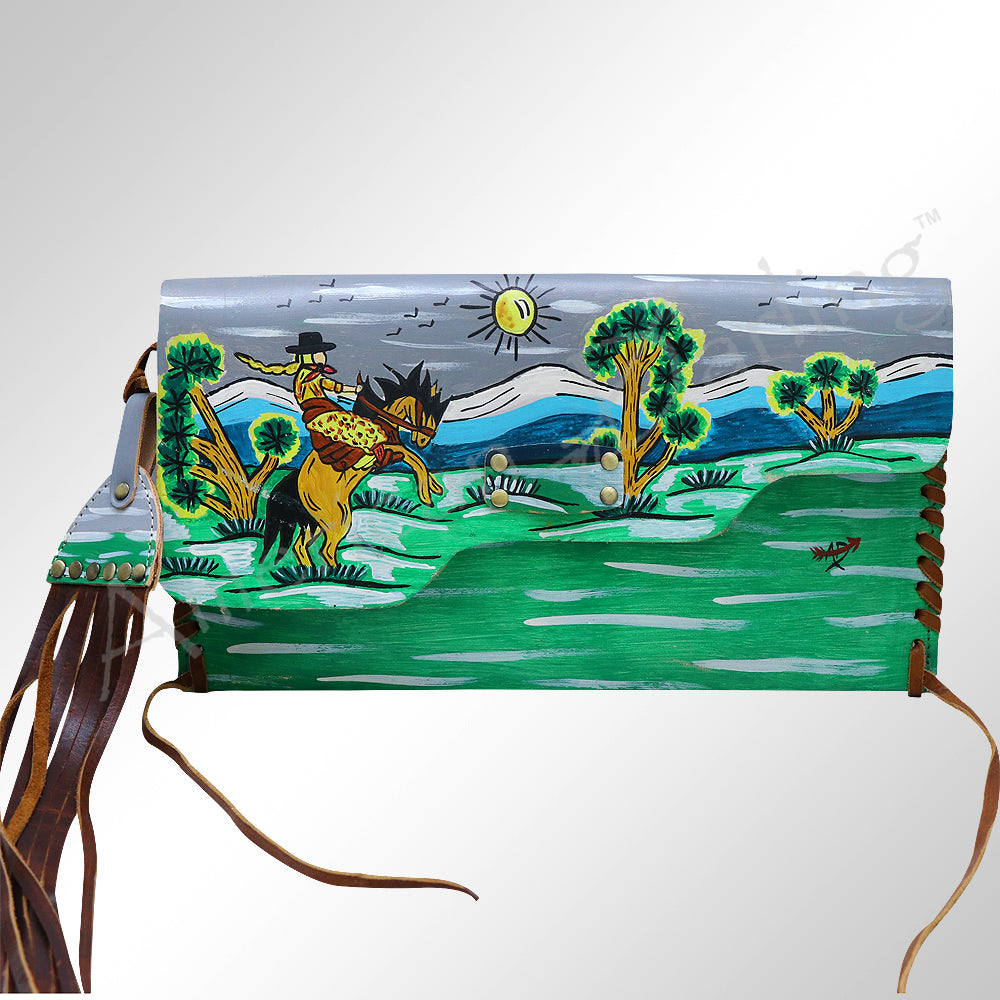 ADBGM136 Cowgirl Hand-Painted Leather Clutch - Western Art with Fringe and Stud Detail