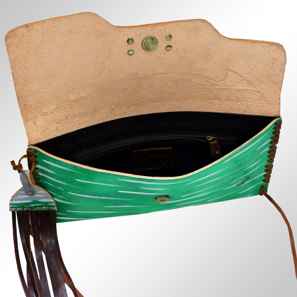 ADBGM136 Cowgirl Hand-Painted Leather Clutch - Western Art with Fringe and Stud Detail