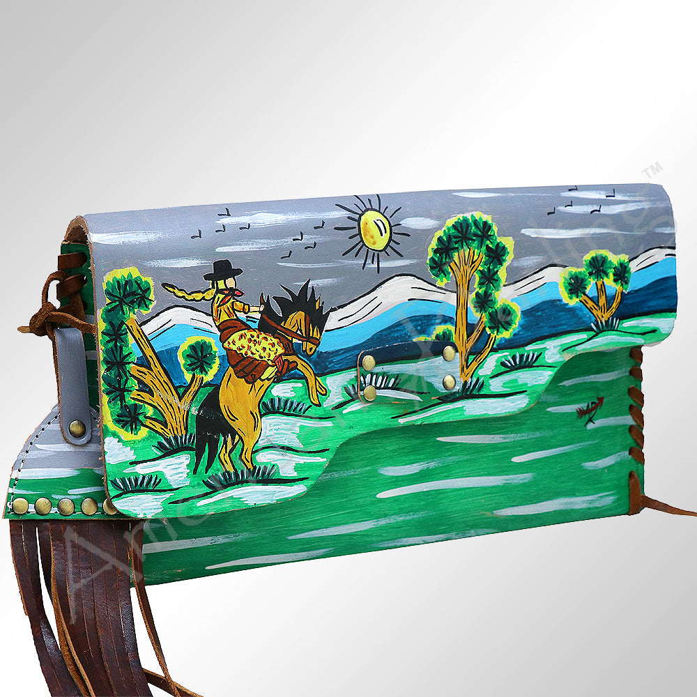 ADBGM136 Cowgirl Hand-Painted Leather Clutch - Western Art with Fringe and Stud Detail
