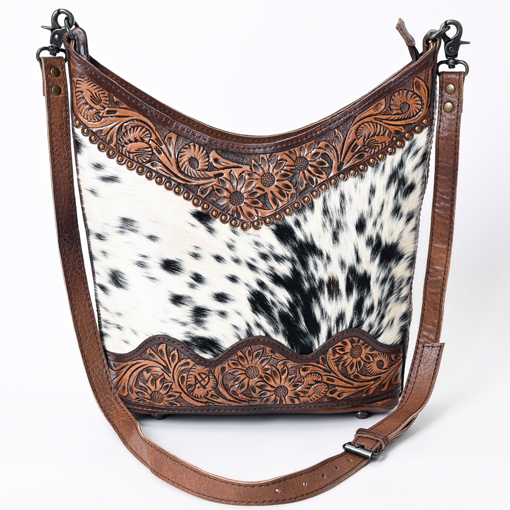 LC-ADBG702A Hair-On Cowhide Hobo Bag with Hand-Tooled Leather Sunflower Trim & Adjustable Strap