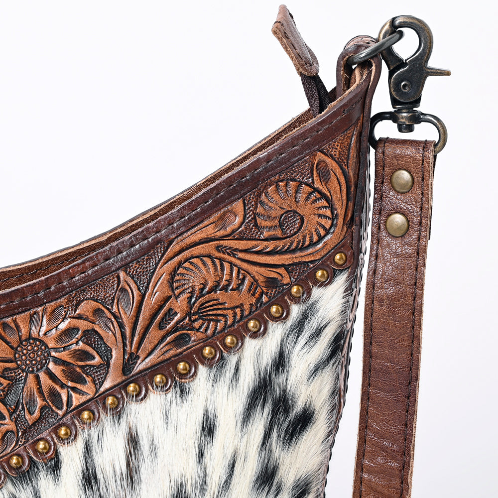 LC-ADBG702A Hair-On Cowhide Hobo Bag with Hand-Tooled Leather Sunflower Trim & Adjustable Strap