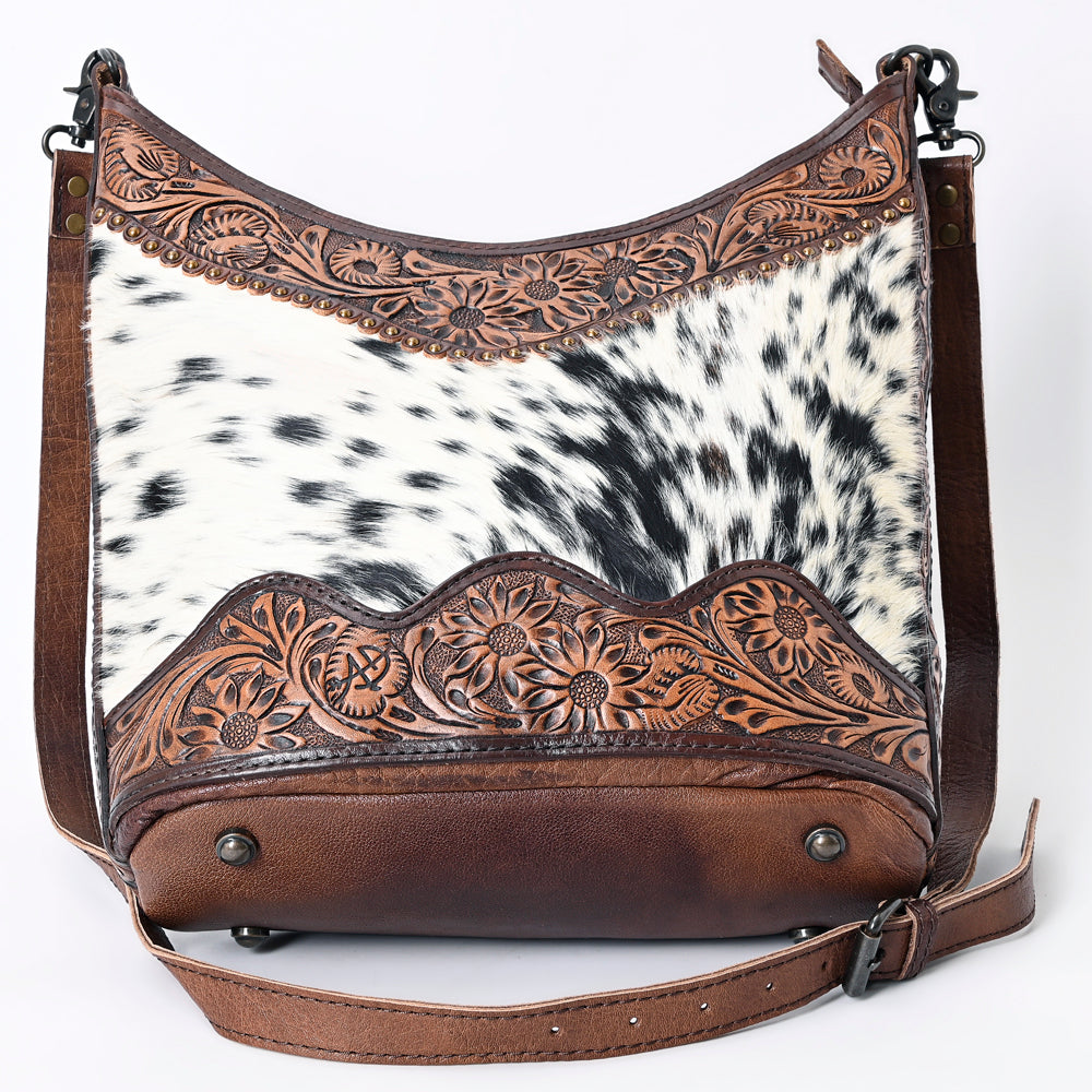 LC-ADBG702A Hair-On Cowhide Hobo Bag with Hand-Tooled Leather Sunflower Trim & Adjustable Strap