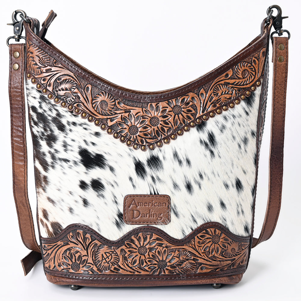LC-ADBG702A Hair-On Cowhide Hobo Bag with Hand-Tooled Leather Sunflower Trim & Adjustable Strap