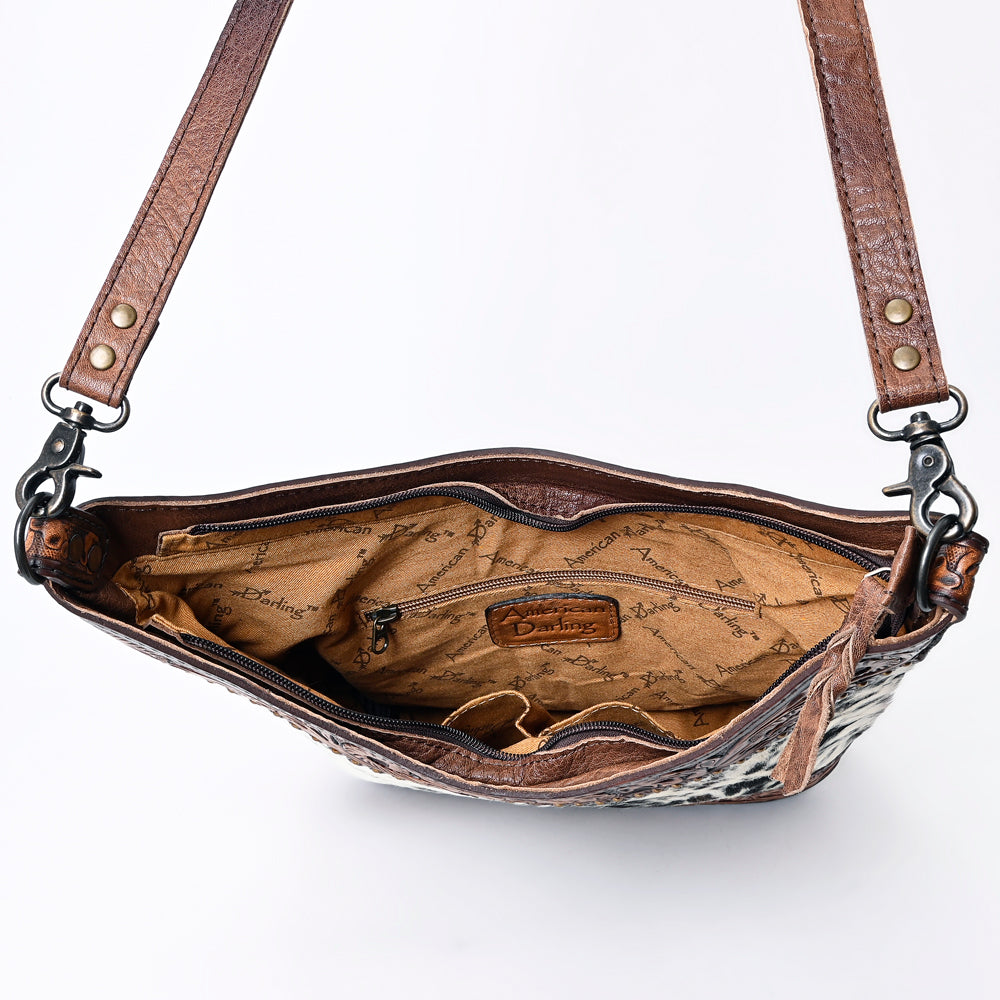 LC-ADBG702A Hair-On Cowhide Hobo Bag with Hand-Tooled Leather Sunflower Trim & Adjustable Strap