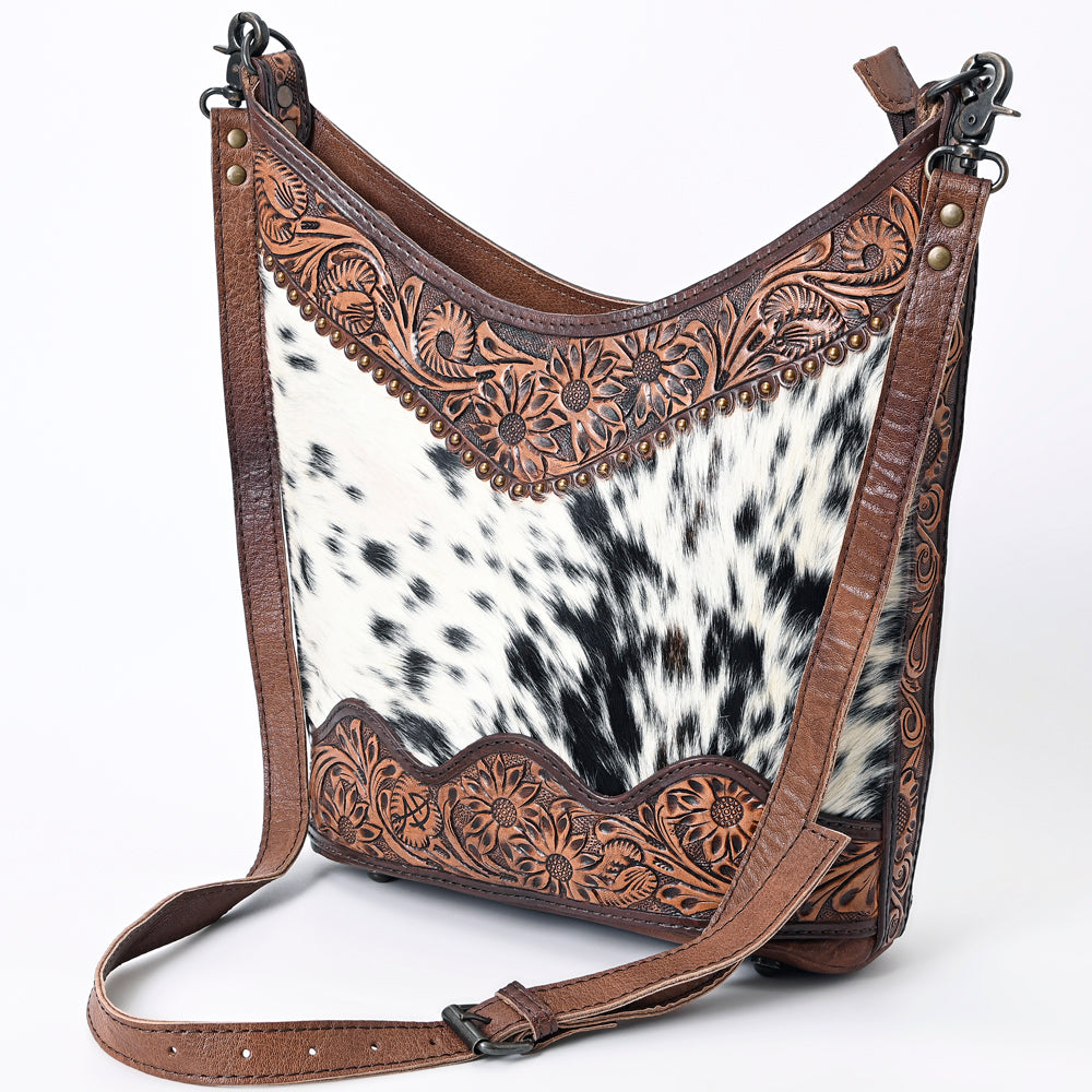 LC-ADBG702A Hair-On Cowhide Hobo Bag with Hand-Tooled Leather Sunflower Trim & Adjustable Strap