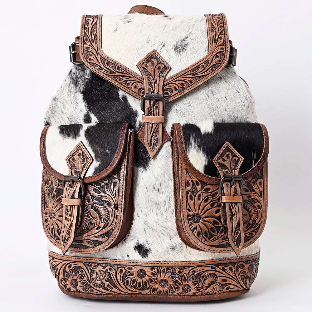 ADBG703B Hair-On Cowhide Backpack Becca with Hand-Tooled Leather & Dual Front Pockets